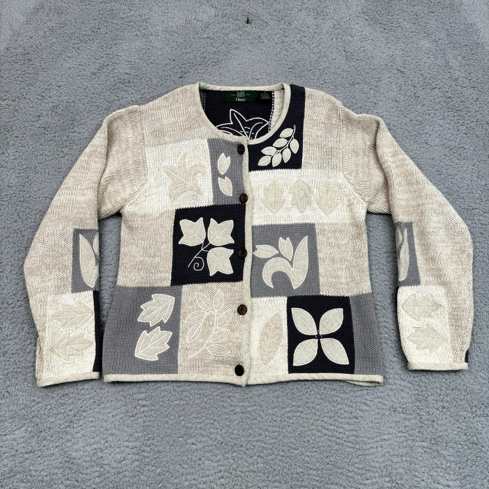 Vintage Orvis Cardigan Sweater Womens M Tan Blue Grandmacore Cottagecore Neutral